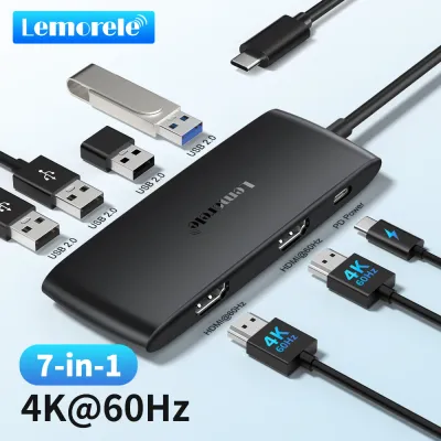 Lemorele TC510 7-in-1 USB-C Docking Station USB Hub Adapter USB C to Dual HDMI 4K@60Hz for Windows MacBook Air Laptop