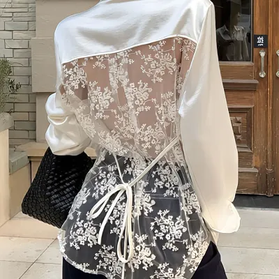 Backless Elegant Silk Satin Oversize Shirt Women Long sleeve Loose Casual Lace Basic Blouse Lady Office Button down Long shirt