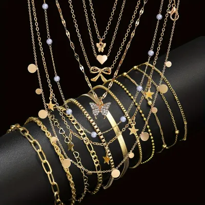 17pcs Fashion Minimalist Jewelry Set For Women Vintage Twist Snake Bone Heart Butterfly Star Pendant Necklace Bracelet Sets Gift
