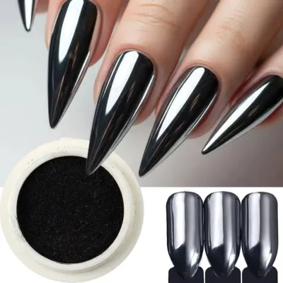 1 Box Chrome Black Nail Powder Metallic Rubbing Powder Pigment Magic Mirror Nail Glitter Charms Y2K Nail Art Decoration Manicure