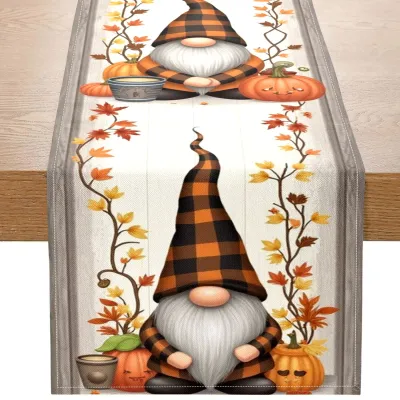 1 Piece of Autumn-Themed Table Runner, Decorated with Plaid Hat Elves, Pumpkins, and Autumn Leaves, Suitable for Autumn and Thanksgiving Decorations