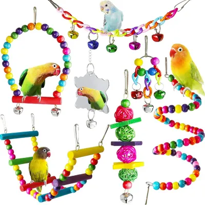 7PCS Parrot Toy Bird Cage Accessories Bird Accessories Stair Mirror Swing Bell Bird Toy