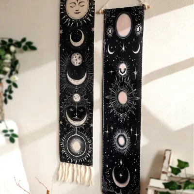 1pc Boho Celestial Wall Hanging Tapestry, Moon Phase Black and White Banner with Tassel, Witchy Bedroom Home Wall Art Decoration