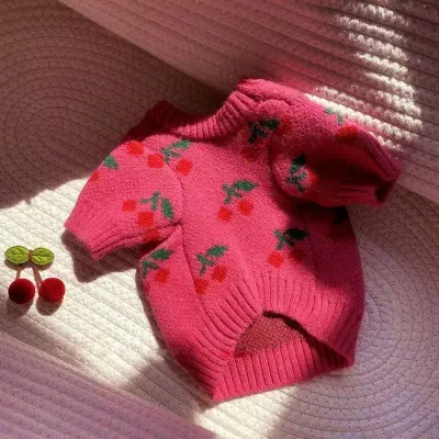 Winter Dog Sweater Cherry Print Dog Clothes Small Dogs Coat Pet Costume Chihuahua Bichon Dachshund Clothing Knitted Warm Sweater