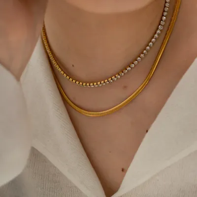 Stainless Steel PVD 18K Gold Plated Tarnish Waterproof Zircon Snake Chain Layered Necklace For Woman Jewelry Wholesale Trendy