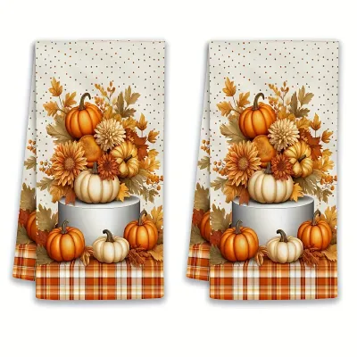 2Pcs Fall Pumpkin Maple Leaf Kitchen Towels Absorbent Cleaning Cloth Winter Home Goods Thanksgiving Christmas Gift