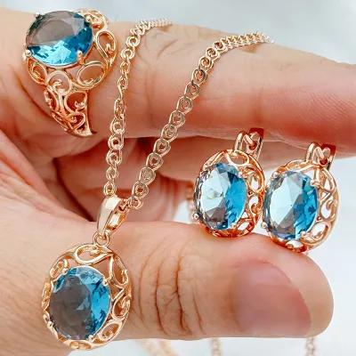 Kinel Hot Shiny Blue Natural Zircon Jewelry Sets for Women Fashion 585 Rose Gold Color Ring Earrings Necklace Daily Fine Jewelry