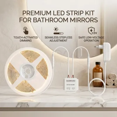 DC12V Touch Dimmable COB LED Strip Kit for Makeup Mirror Light Bathroom Dressing Table Backlight Decor Tape with EU/US Plug