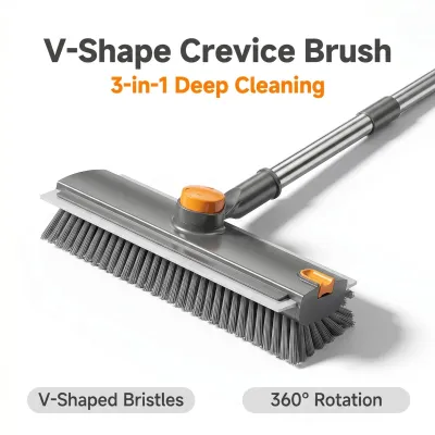 360 Rotating Floor Scrub Brush V Shaped Bristles Double Sided Broom Long Handle Window Squeegee Bathroom Tile Cleaning Tool