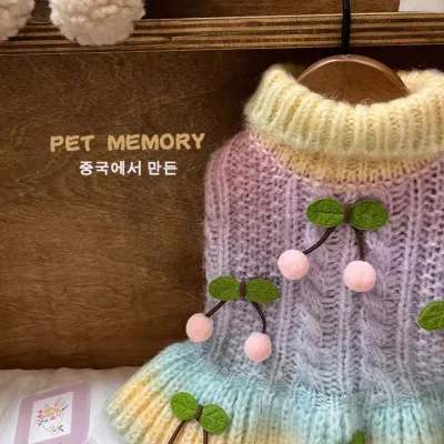 Cute Cherries High-Quality Macaron Candies Colorful Pet Knitted Dresses Gradient Small Dog Sweaters Skirts