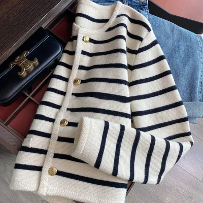 Women Stripe Knitted Cardigans Spring Autumn O-neck Single Breasted Long Sleeve Crop Tops Fashion Casual Chic Female Sweaters