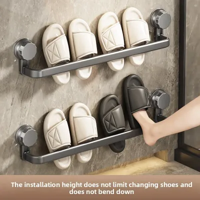 Wall-Mounted Bathroom Slipper Rack with Suction Cups - Non-Perforated Toilet Door Shoe Storage Organizer, Space-Saving Hanging S