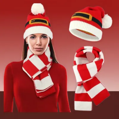 New Christmas Knit Hat, Scarf & Glove 3-Piece Set - Bell Decoration, Red Stripe Beanie, Festive Winter Warm Headwear