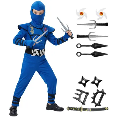 Black and Blue Ninja Costume for Kids Halloween Cosplay Party Outfit with Mask Toy Gift for Boys and Girls Holiday Party Costume