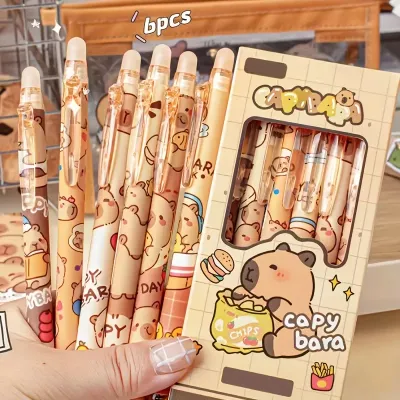 6Pcs Capybara Kawaii Gel Pen Set Cute Aesthetic Stationery Quickly-Drying Blue Erasable Pens for Office And School Supplies