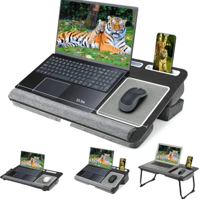 Adjustable Lap Desk with Cushion for 17" Laptop, Foldable Portable Bed Tray with Tablet Holder & Mouse Pad
