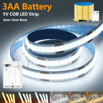 5V Battery Power COB Led Strip 3mm 5mm 8mm PCB Ribbon Tape Night Light with Switch 320LEDs Flex for Under Cabinet Kitchen Decor