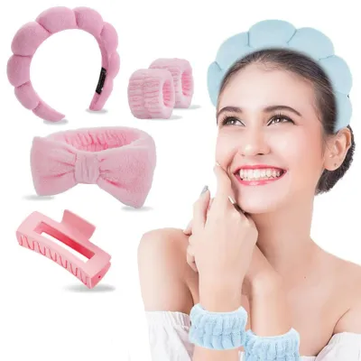 5PCS Beauty Hair Accessory Set, Plush Headband Bow Hairband Hair Scrunchies Claw Clip, Multicolor Makeup Hair Tools for Daily