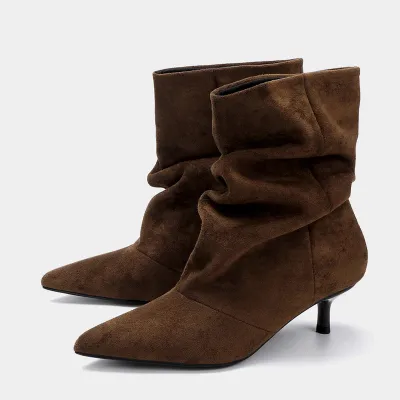 Liyke Designer Pleated Sued Ankle Boots For Women Winter Street Vintage Pointed Toe Thin Low Heels Runway Shoes Brown Booties