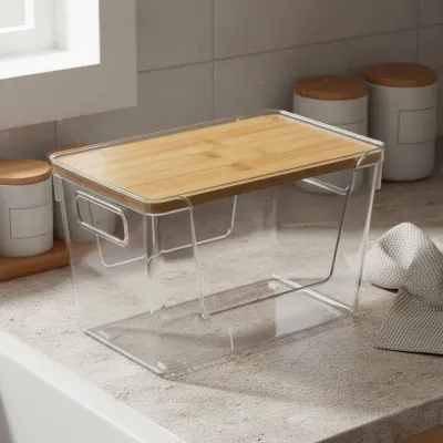 Clear Storage Box with Wood Lid Versatile Transparent Food Storage Box Stackable Pantry Container for Refrigerator, Bathroom
