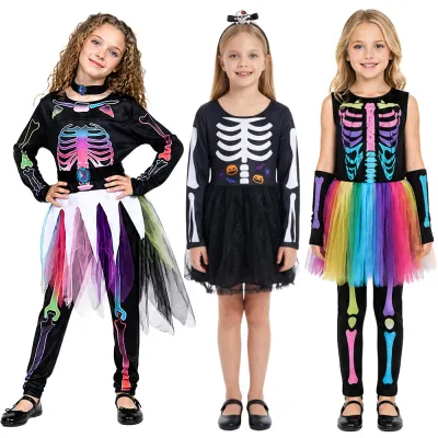 Halloween Rainbow Skeleton Printed Dress Gorgeous Cosplay Costume for Children Fun Punk Bone Carnival Gorgeous Costumes