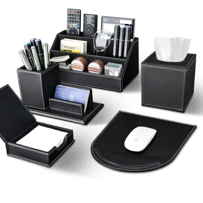 5PCS Desk Organizer and Accessories Set, Pu Leather Office Supplies with Multifunction Desktop Organizer Storage Box, Tissue Ho
