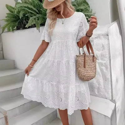Women's White Eyelet Embroidery Midi Dress Hollow-out Boho Flowy Ruffle Tiered Dress Casual Short Sleeve Summer Beach Dresses