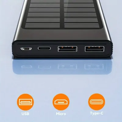 30000mAh Solar Power Bank With Type-C And Dual USB Ports Portable Charger For Phones Outdoor Camping Hiking
