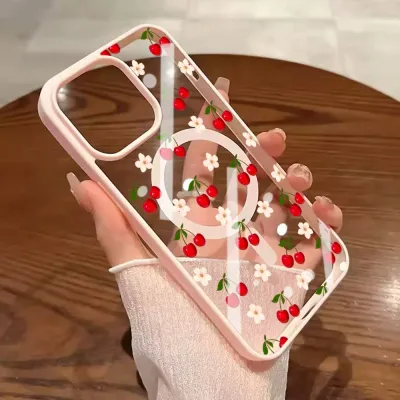 Cute Cherry Fruit Clear Case For Magsafe iPhone 16 15 Pro Max 17 16 15 14 11 13 12 Pro Max Plus Cases Wireless Charing TPU Cover