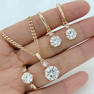 Kinel Hot Shiny White Natural Zircon Jewelry Sets for Women Fashion 585 Rose Gold Color Ring Earring Necklace Daily Fine Jewelry