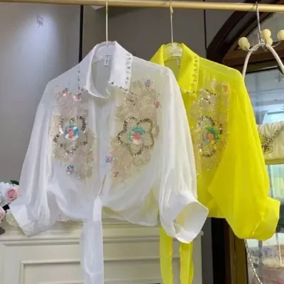 Sparkle Sequines Embroidery Blouses Shirts for Women Cardigans Spring Summer Sunscreen Top Korean Popular Clothes