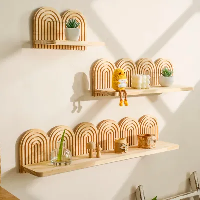 Boho Wooden Arched Wall Shelves Rustic Natural Wood Rainbow Design Floating Shelves Decorative Storage Racks for Home Wall Decor