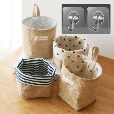 No Drill Jute Hanging Storage Bag for Door Wall Desk, Heavy Duty Hemp Organizer Pouch for Bathroom Clutter, Adhesive Hook Multi-