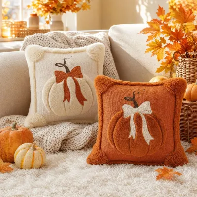 3D Plush Pumpkin Throw Pillow with Bow Fuzzy Fluffy Cushion Covers Fall Thanksgiving Halloween Sofa Couch Home Decor Cushion