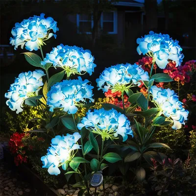 Blue Hydrangea Solar Garden Stake Lights Outdoor Waterproof LED Flowers Pathway Light for Garden Lawn Patio Backyard