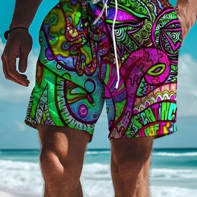 New 3D Printed Graffiti Graphic Men's Board Shorts Fashion Casual Swim Trunks Quick Drying Hawaiian Style Holiday Shorts Trunks