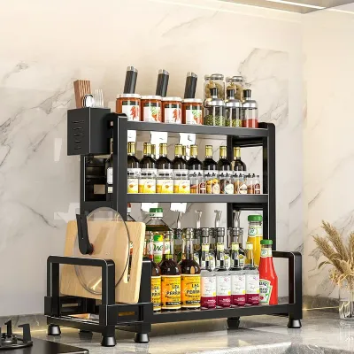 Kitchen Countertop Organizer Rack with Knife Holder Chopstick Cup Spice Shelf and Cutting Board Storage Use