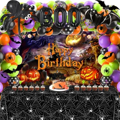 Halloween Party Decorations 105Pcs Spider Web Balloon Arch Tablecloth Kit