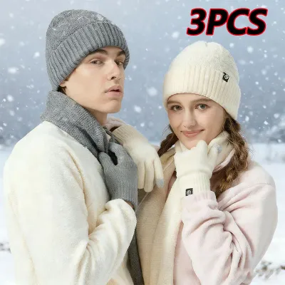 3pcs Winter Warm Bean Hat Gloves Scarf Hat for Unisex Soft Thick Warm Cashmere Knitted Set Touch Screen Gloves Outdoor Equipment