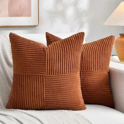 Rust Boho Decorative Throw Pillow Covers 18x18 Inch for Couch Bed Sofa, Farmhouse Fall Home Decor, Soft Corss Corduroy Patchwork