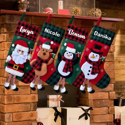 Personalised Christmas Stocking Traditional Santa Snowman and Reindeer Design, Custom Name Stocking for Family