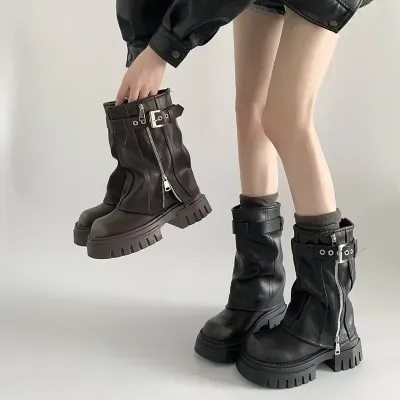 2025 Winter Women Biker Boots Fashion Belt Buckle Ladies Elegant Platform Long Pipe Booties Casual Women's Knee High Booties