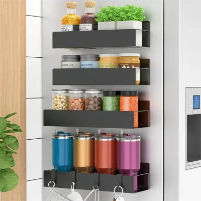 Magnetic Refrigerator Side Storage Rack, Wall Mounted Spice Rack Organizer, Fridge Magnetic Shelf Holder with Hooks
