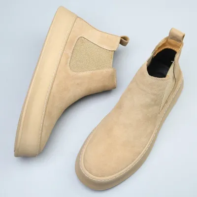 Leather Chelsea Boots for Man Fleece Warm Platform Ankle Boots Retro Cotton Boots Men's High Top Shoes