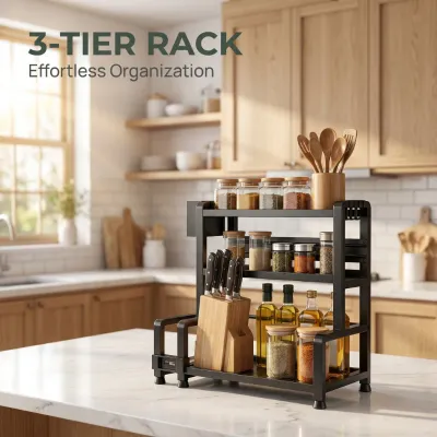 Countertop 3 Tier Carbon Steel Kitchen Rack Multi Functional Spice Knife Pot Lid Organizer No Drilling