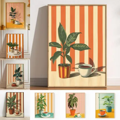 Vintage Coffee Plant Warm Stripes Canvas Prints Poster Retro Minimalist Art Prints Bedroom Wall Art Home Decor Art Poster