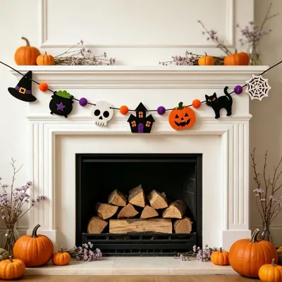 Halloween Felt Garland Skull Black Cat Witch Hat Pumpkin Banner Fireplace Mantel Indoor Party Hanging Ornament