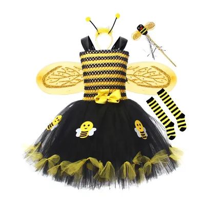 Girls Cosplay Bee Costume Sleeveless Tulle Dress Headband Leg Warmers Wand Wing Sets for Cosplay Party