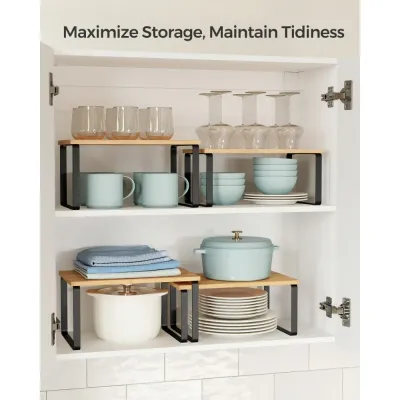 4 Pack Cabinet Organizer Shelf, Kitchen Counter Shelves, Kitchen Storage, Spice Rack, Stackable, Expandable, Metal And Engineere