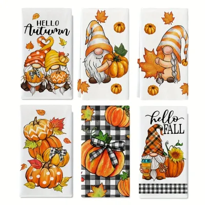 6Pcs Fall Gnome Pumpkin Kitchen Towels Hello Autumn Maple Leaf Hand Dish Towel Thanksgiving Farmhouse Home Decor Gift